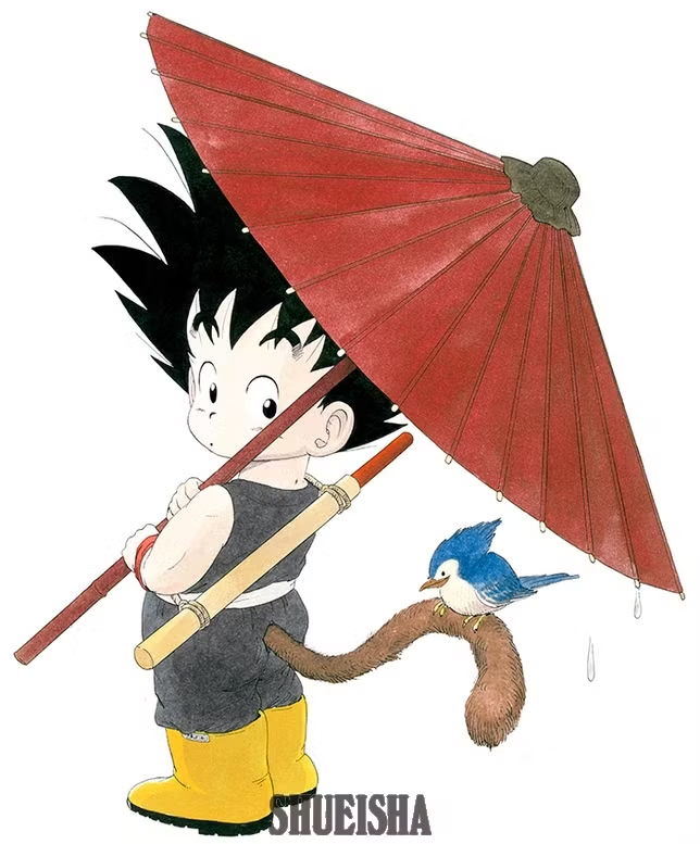 Goku držící klasický japonský deštník
